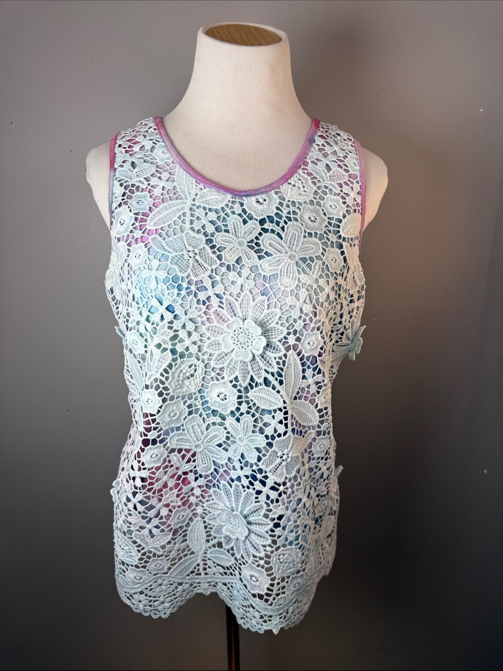 White Crochet Lace Tank Top with Pink Trim - Women
